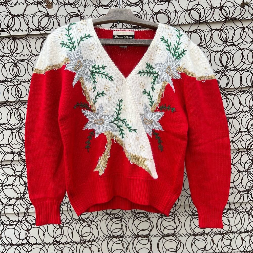 Vintage Dana Scott cream silver red snowflake Christmas v neck sweater LARGE